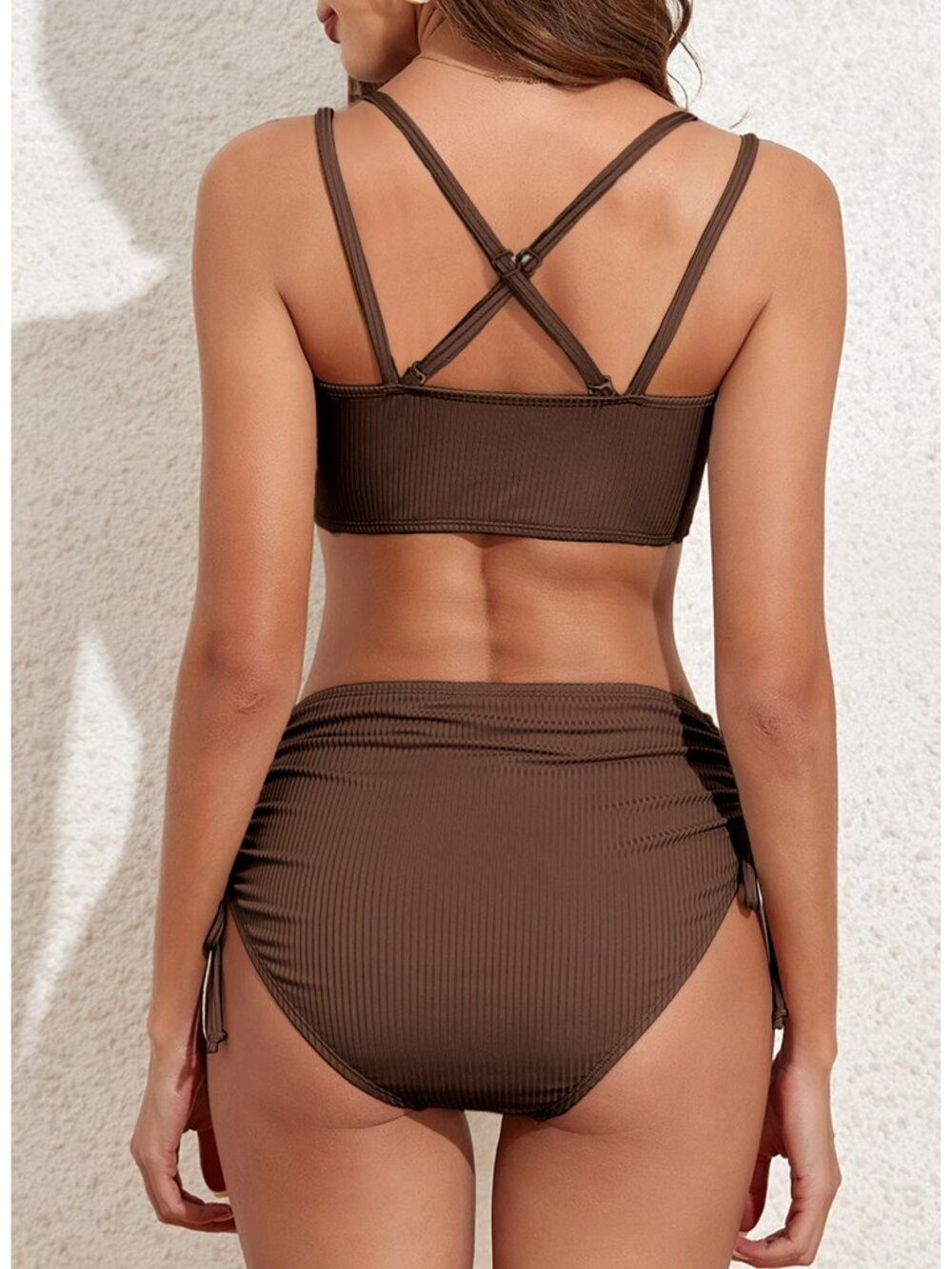 🤎 NWT Eytino Brown Ribbed High Waisted Bikini Set M - Picture 3 of 5